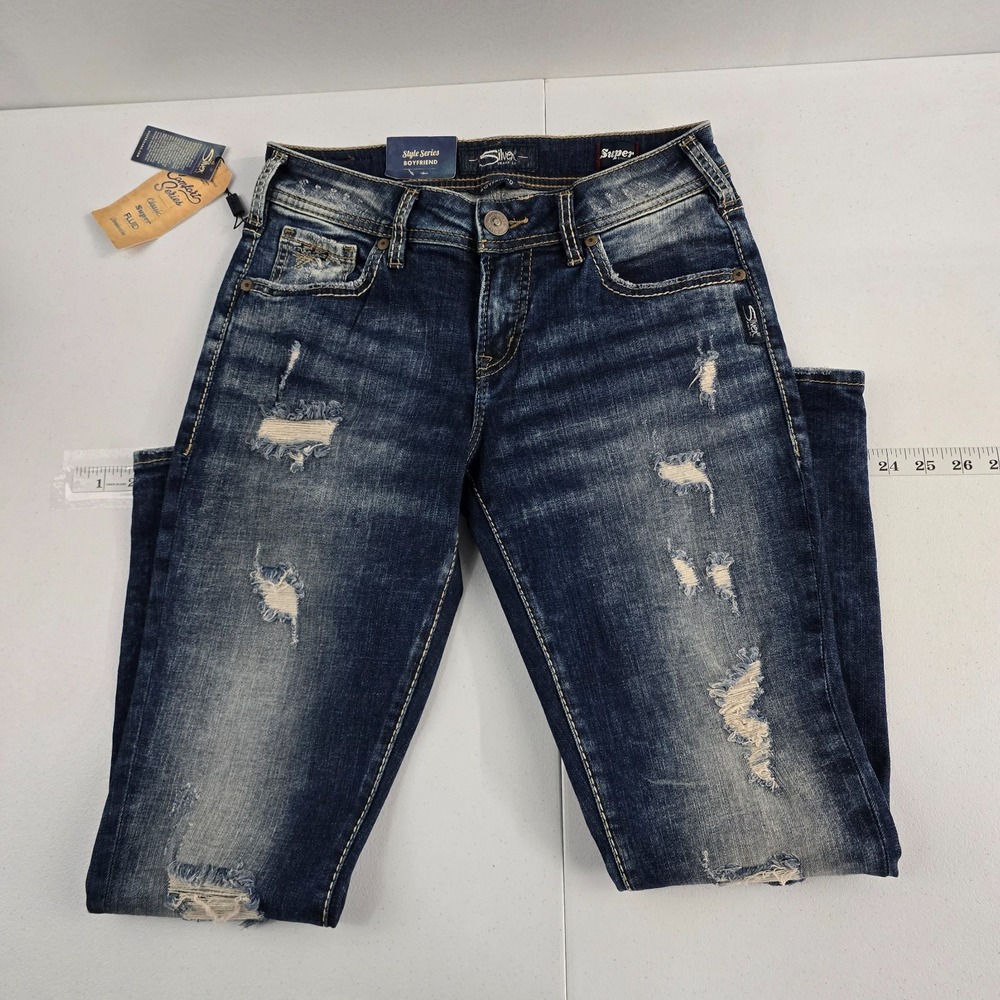 NWT Silver jeans‎ boyfriend 26x25 blue denim super stretch womens 6691